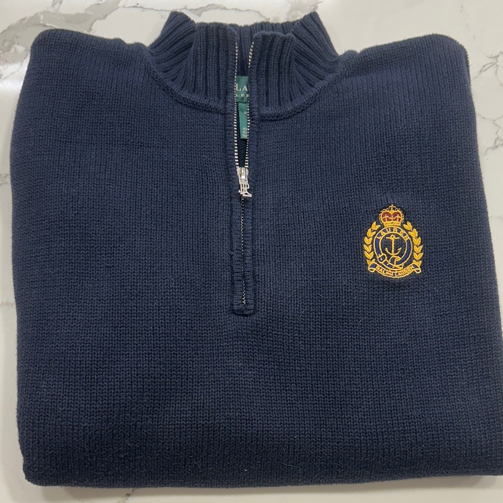 Lauren Ralph Lauren Navy Zip-Up Sweater with Gold Crest